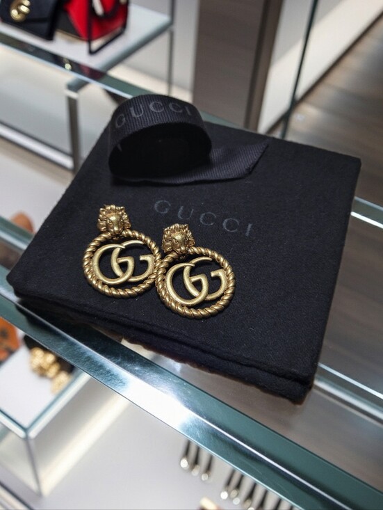 Gucci Jewelry - Gucci Gold-Tone Lion Head & Interlocking G Hoop Drop Earrings Vintage